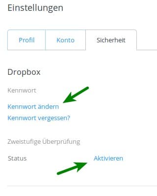 Bildschirmfoto: Sicherheitseinstellungen bei Dropbox ändern