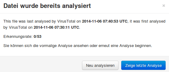 Ergebnislose Analyse der Datei per Virus Total