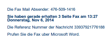 Mitteilung über den Empfang eines Faxes - Spam-E-Mail zur Ausnutzung der Sandworm-Sicherheitslücke in Windows