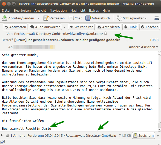 E-Mail mit ZIP-Datei: Behauptung, ein Girokonto sei nicht gedeckt.