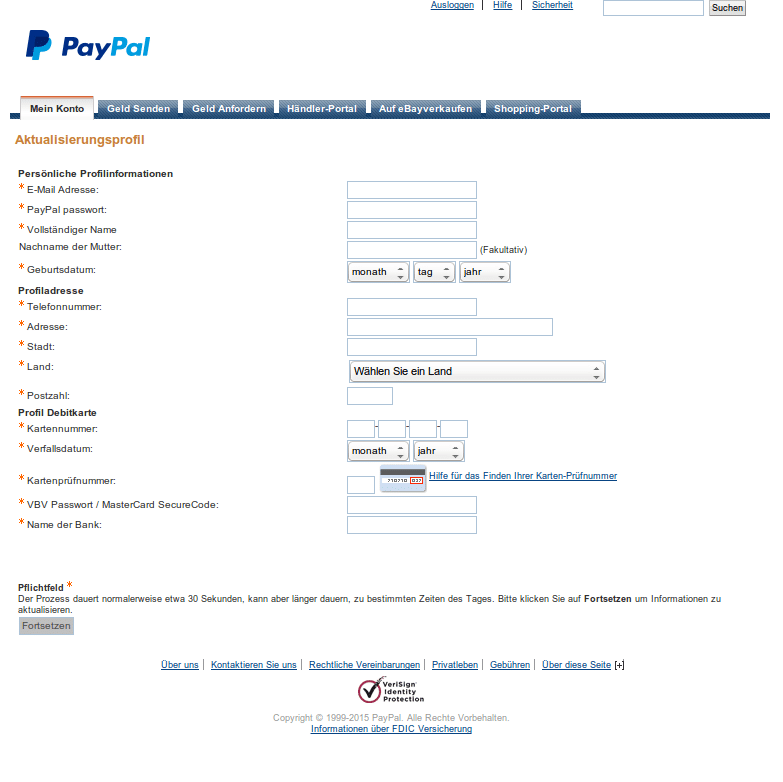 Phishing-Seite als Teil einer E-Mail, vorgeblich von PayPal