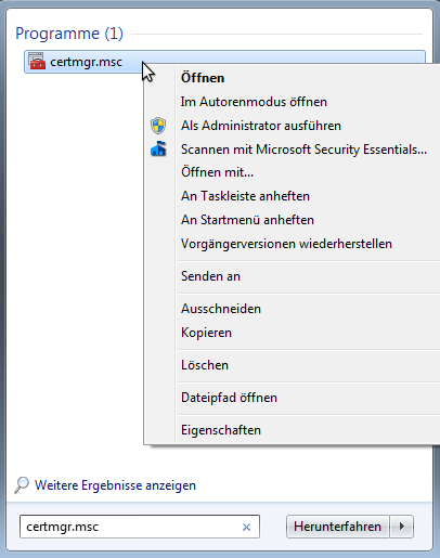 Den Microsoft Zertifikatmanager im Administratormodus starten
