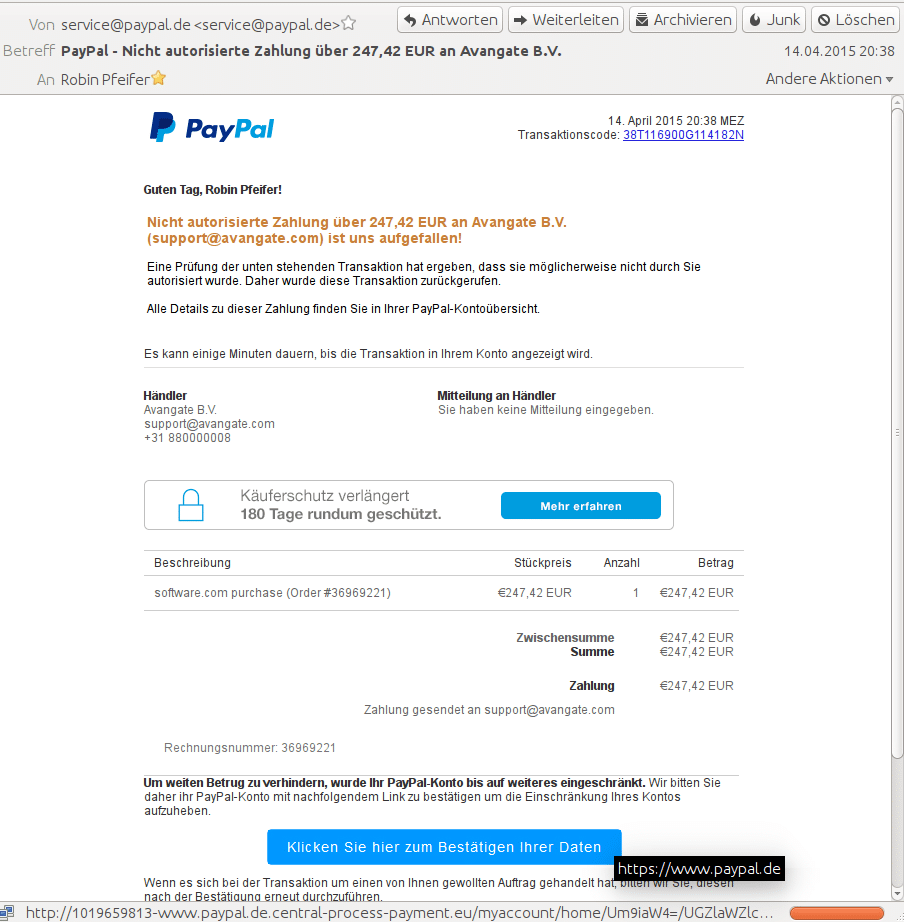 Phishing-E-Mail vonPayPal, Vorspiegelung einer nicht autorisierten Zahlung