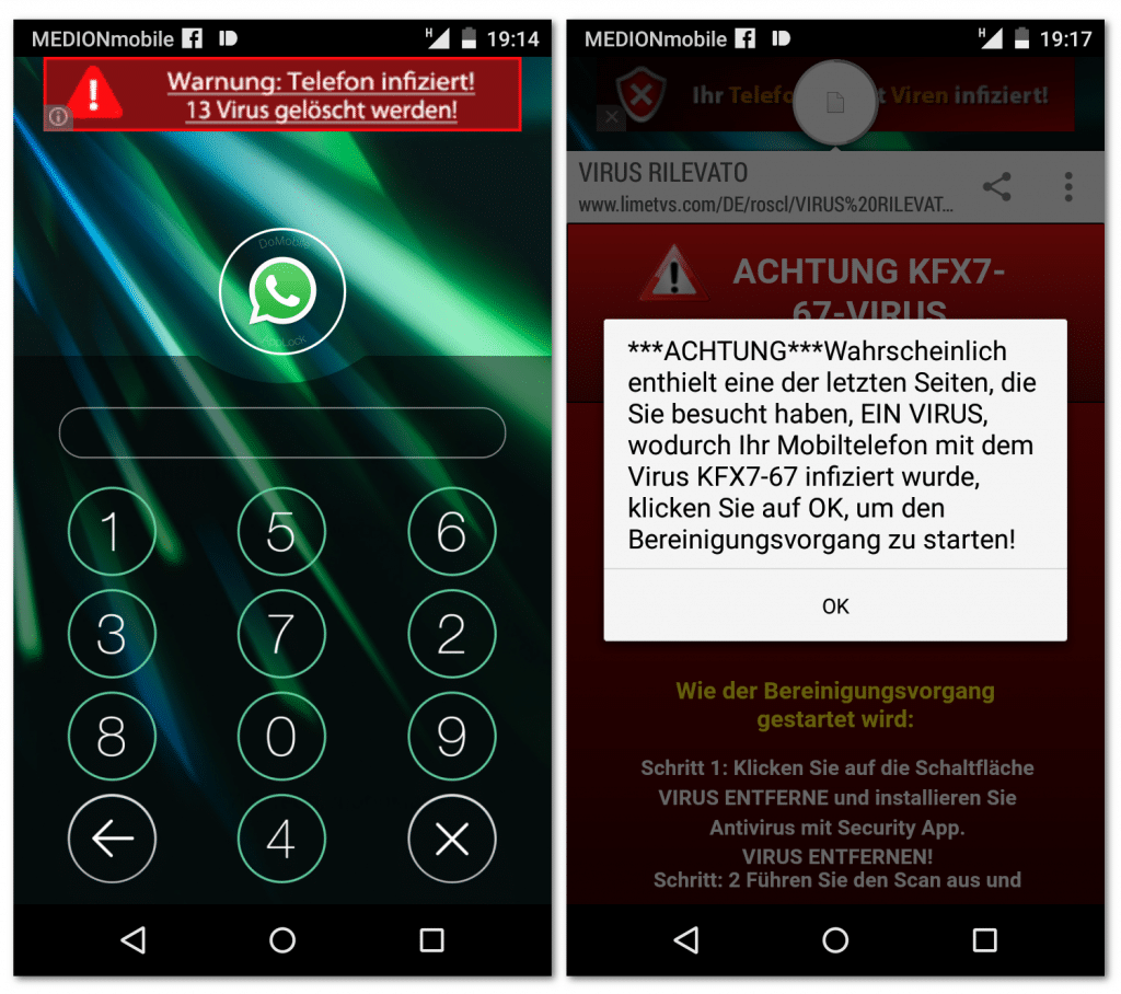 Handy-Bildschirmfotos eines versuchten Angriffs auf Android