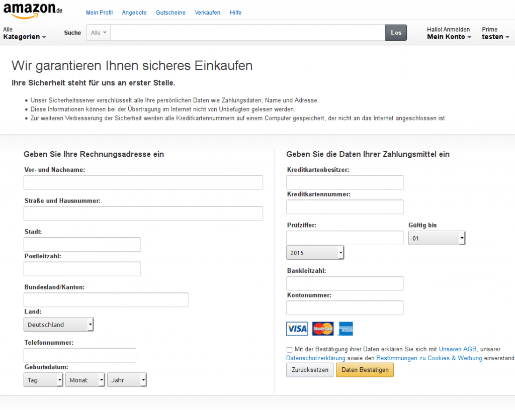Gefälschte Dateneingabe für amazon.de: Wer hier seine Daten einträgt, wird zum Phishing-Opfer