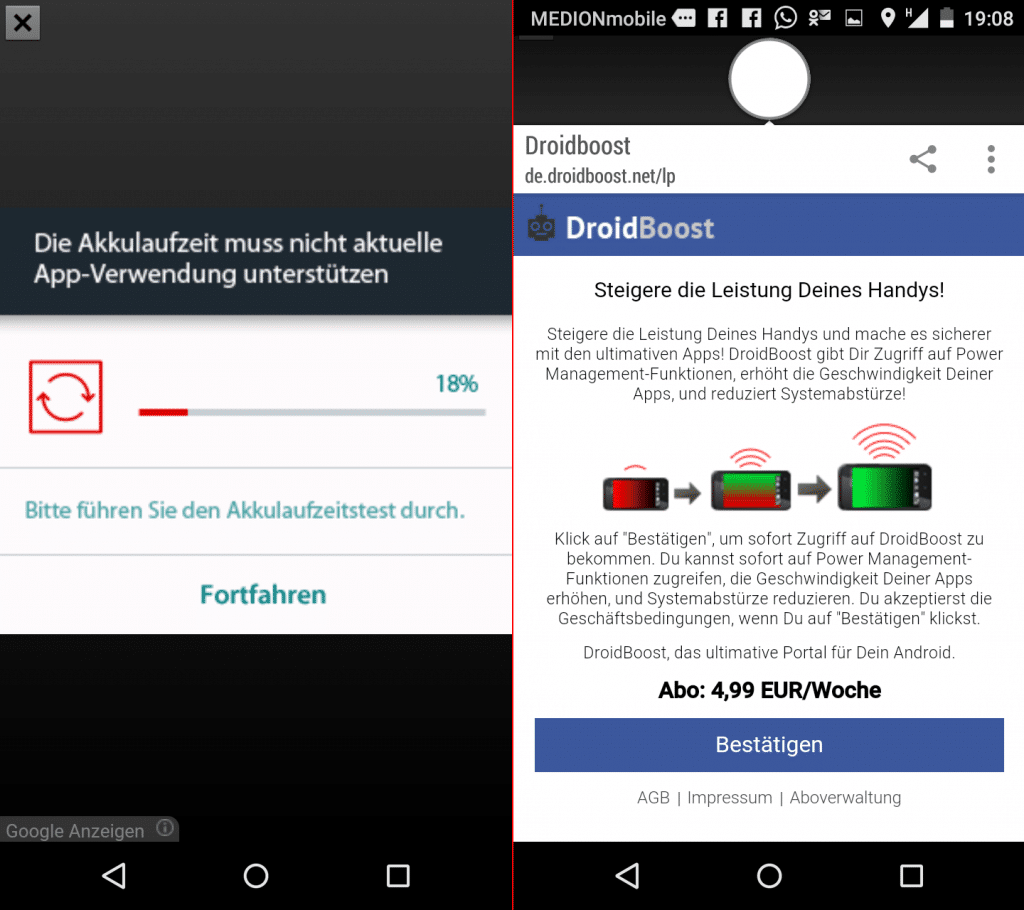 Abofalle auf Android. Links: Werbeinblendung, rechts: Webseite mit Abo-Abschluss