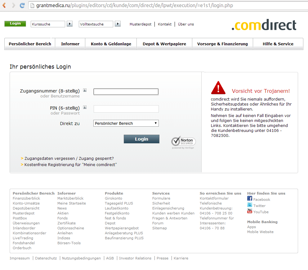 Bildschirmfoto: Phishing-Webseite für comdirect-Kunden