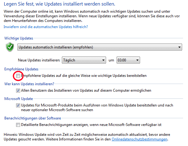 Das Häkchen für die automatische Installation empfohlener Updates muss entfernt werden, um den Download von Windows 10 zu verhindern