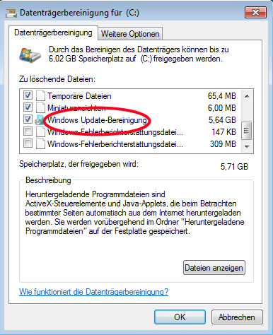Datenträgerbereinigung: Windows Update Dateien löschen