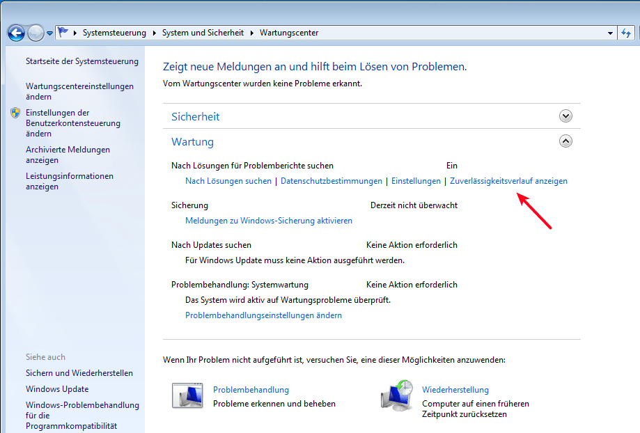 Zuverlässigkeitsverlauf anzeigen: hier Windows 7