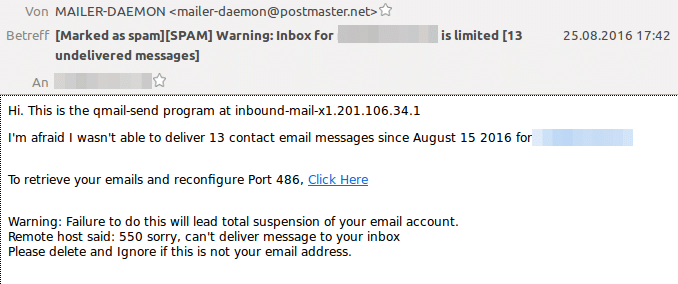 Phishing E-Mail, als Fehlermeldung getarnt
