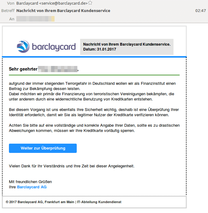 Phishing E-Mail für Barclaycard-Benutzer