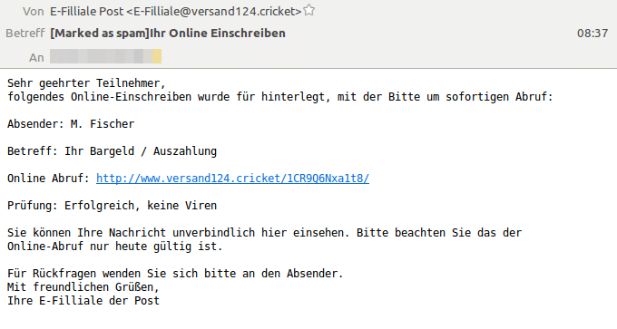 Spam-E-Mail mit Top-Level-Domain ".cricket"
