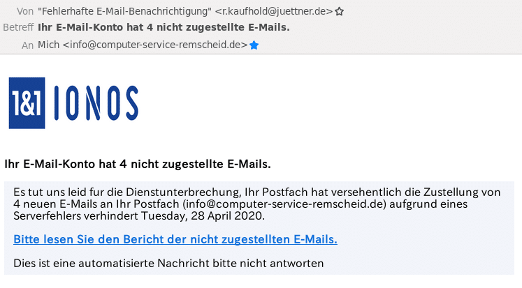 Screenshot der IONOS-Phishing-Mail "Fehlerhafte E-Mail-Benachrichtigung"