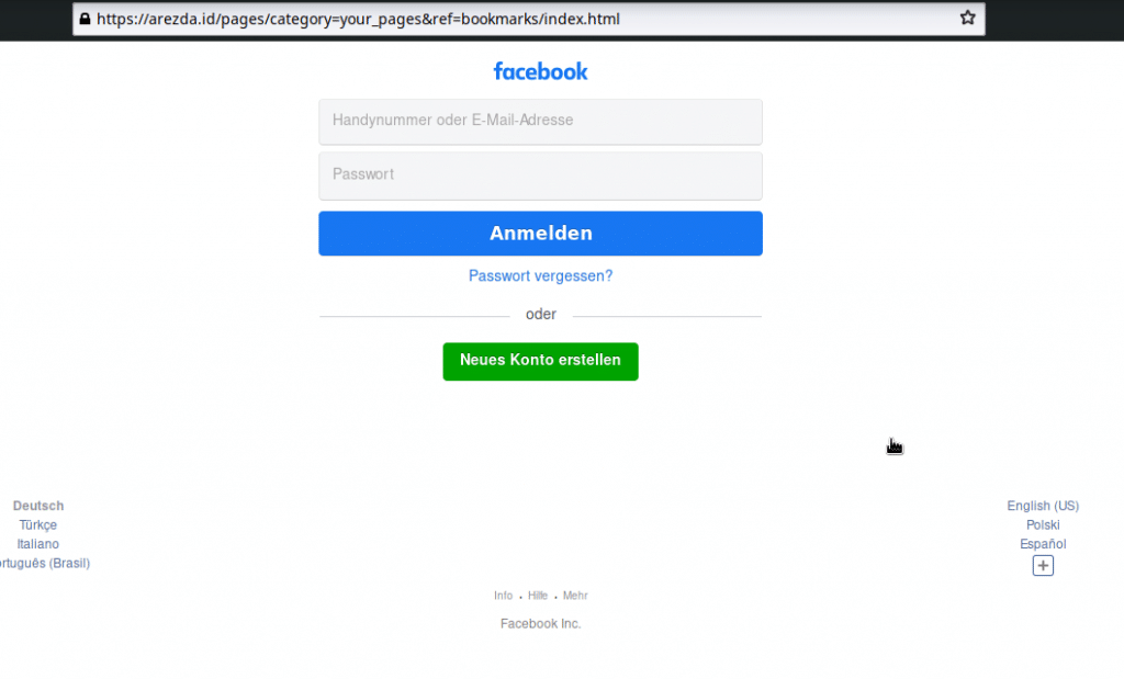 arezda.id ist nicht Facebook. Offensichtlich eine Phishing-Seite, die Logindaten für Facebook stehlen soll.
