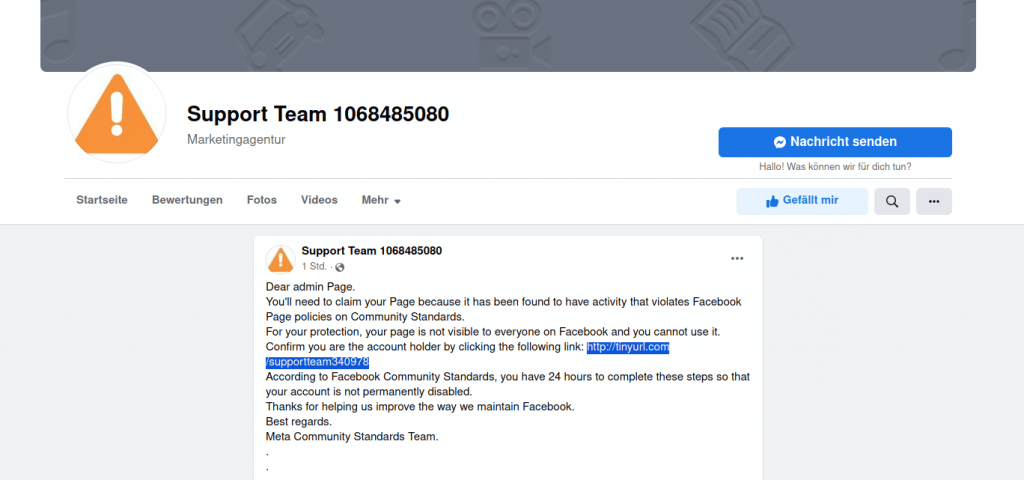 Fake-Support Team Seite auf Facebook