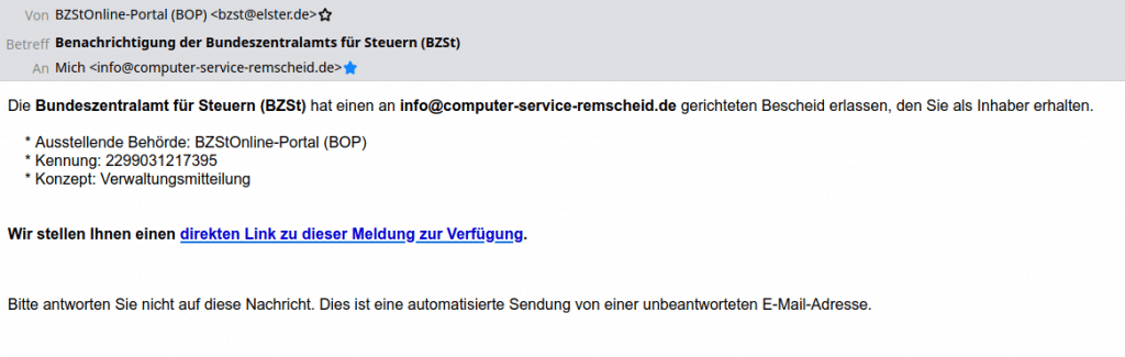 Phishing-Mail vorgeblich vom Bundeszentralamt für Steuern. Komplett mit Maildresse bzst @ elster.de